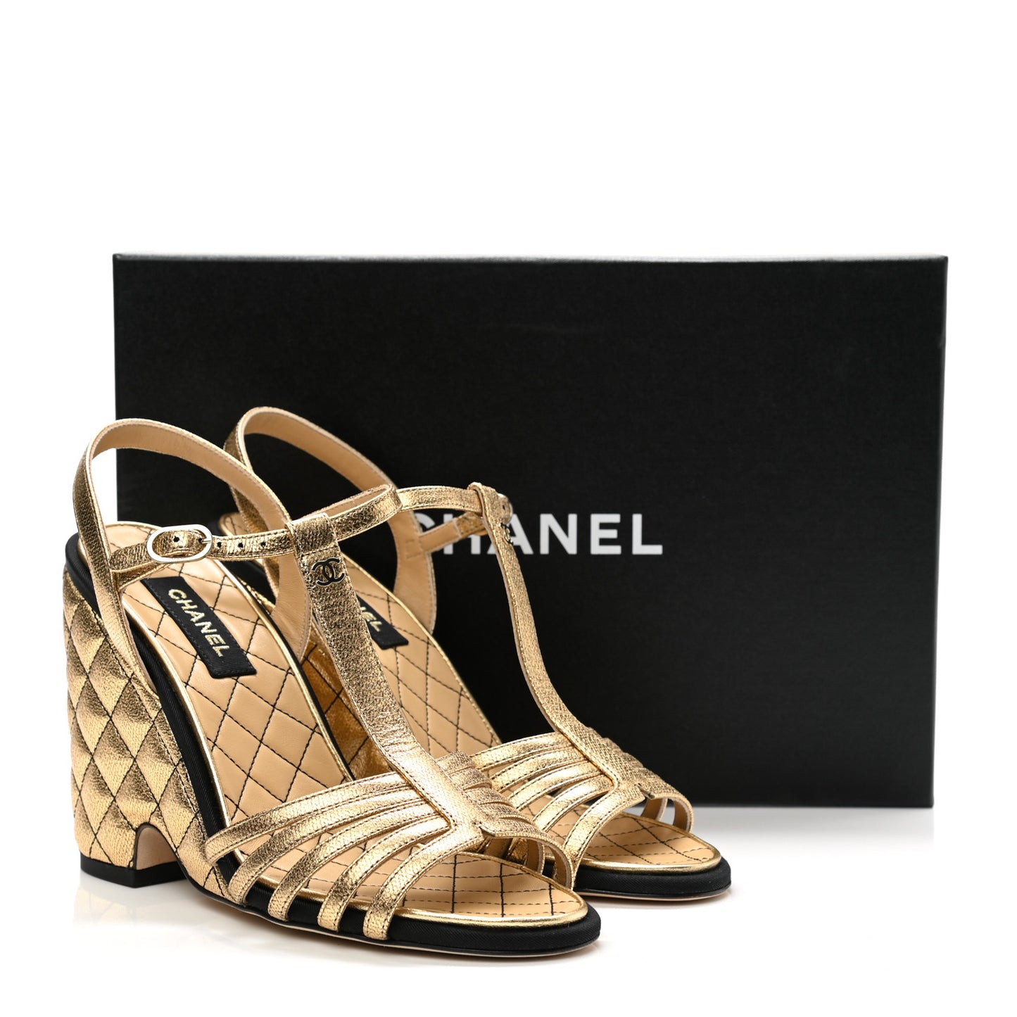 Laminated Goatskin Quilted Wedge Sandals 38.5 Gold
