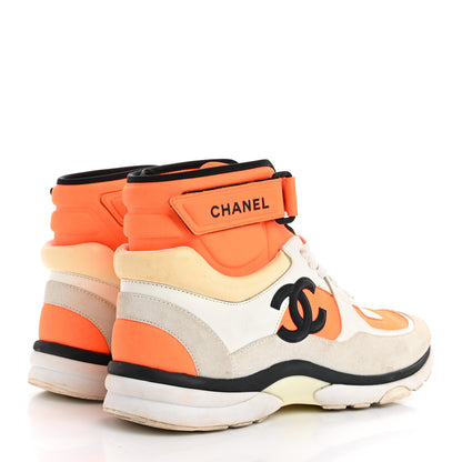 Chanel Suede Calfskin Lambskin Neoprene High Top CC Sneakers 40 White Fluo Orange 5 of 10