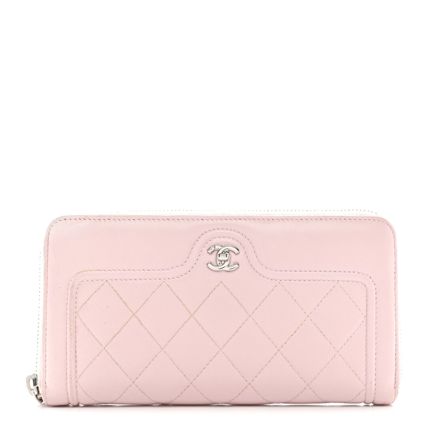 Lambskin Quilted Twist Lock CC Zip Around Wallet Pink
