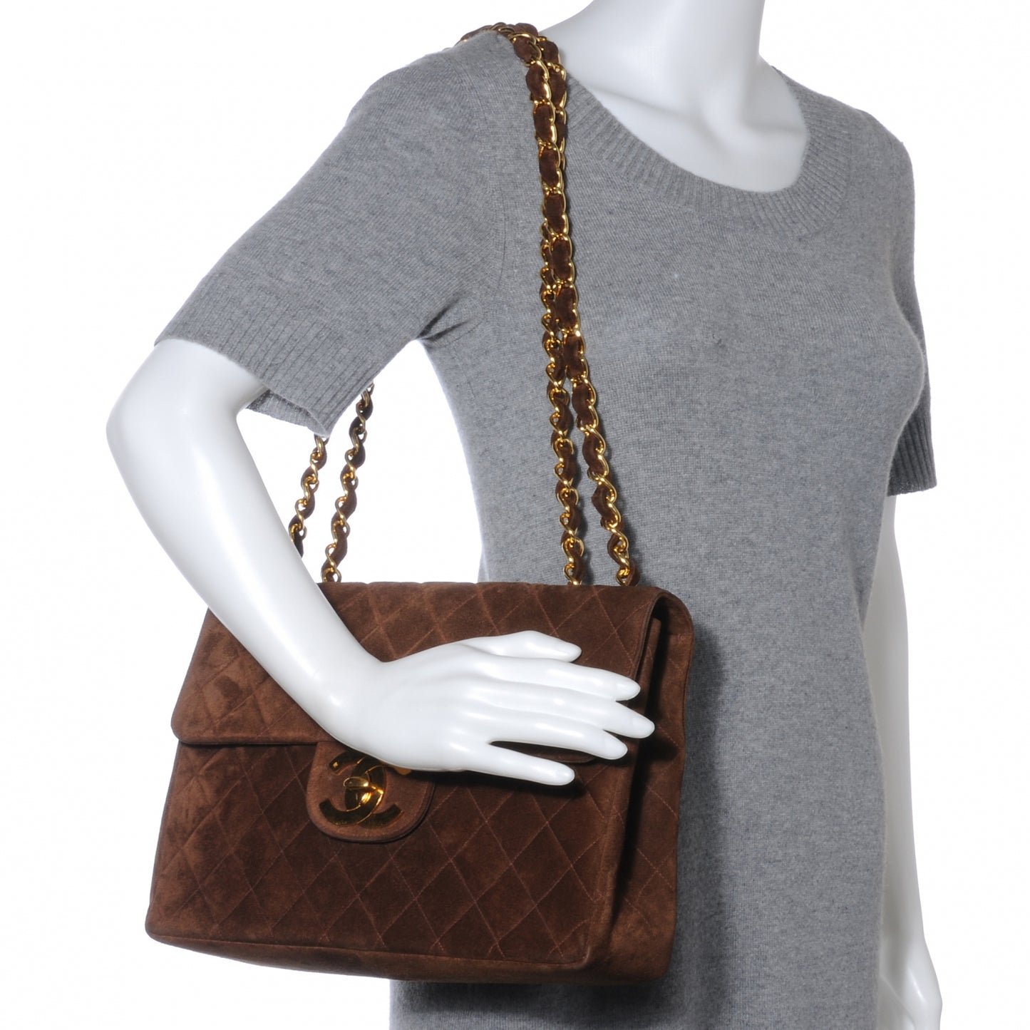Suede Quilted Jumbo Flap Brown