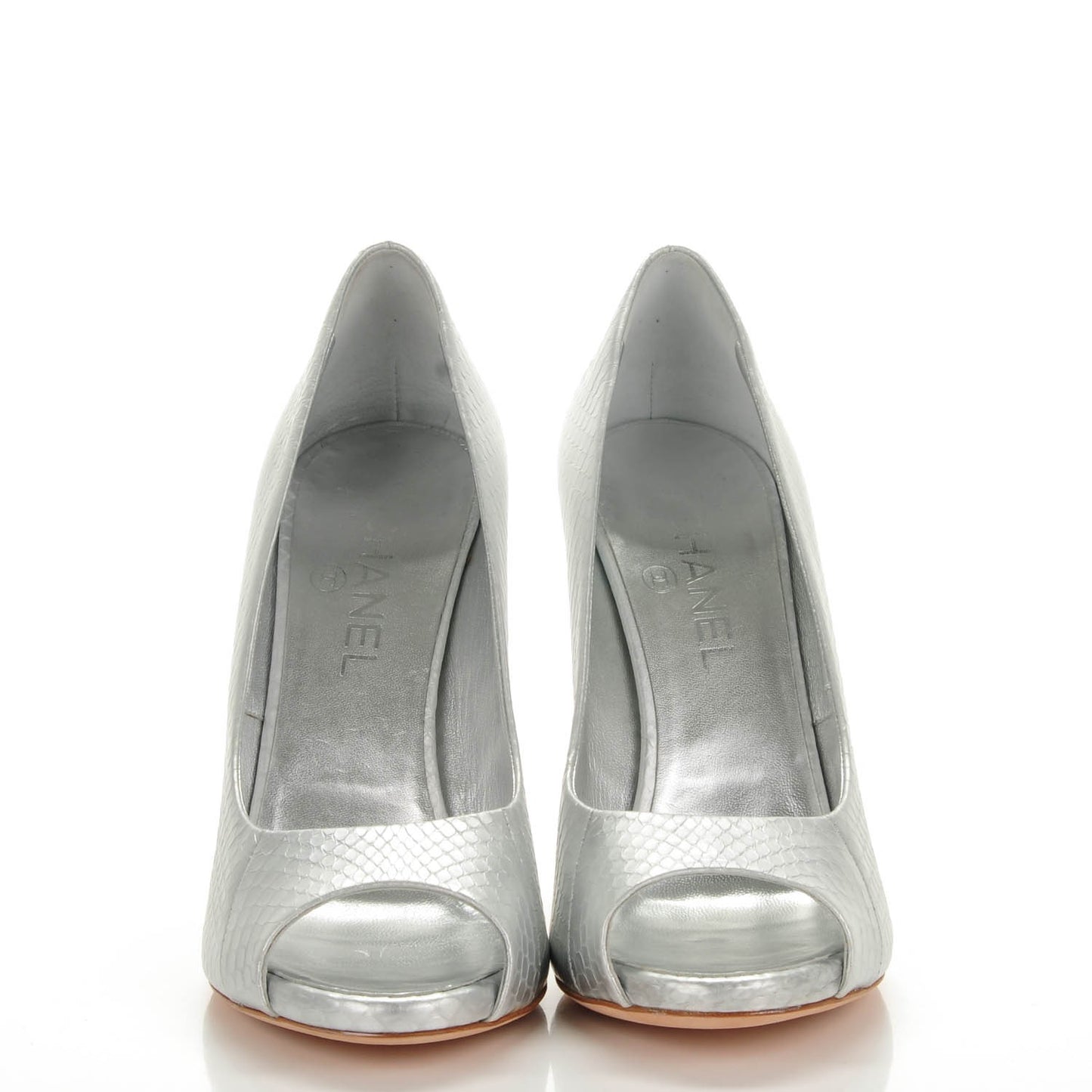 Patent Snakeskin Pearl Peep Toe Pumps 40.5 Silver