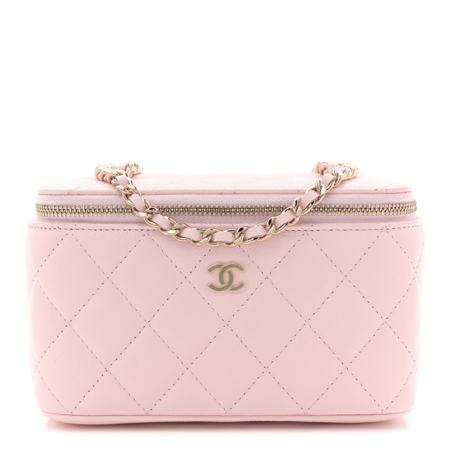 Caviar Quilted Small Vanity Case With Chain Light Pink
