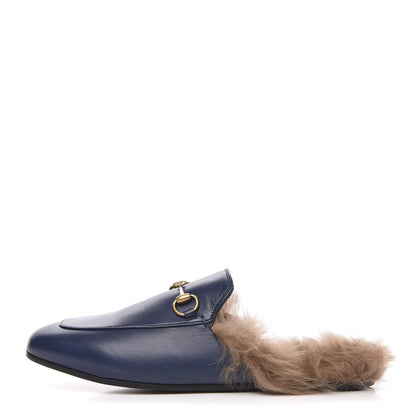 Gucci Malaga Kid Fur Womens Princetown Slippers 38.5 Blue Agata 1 of 8