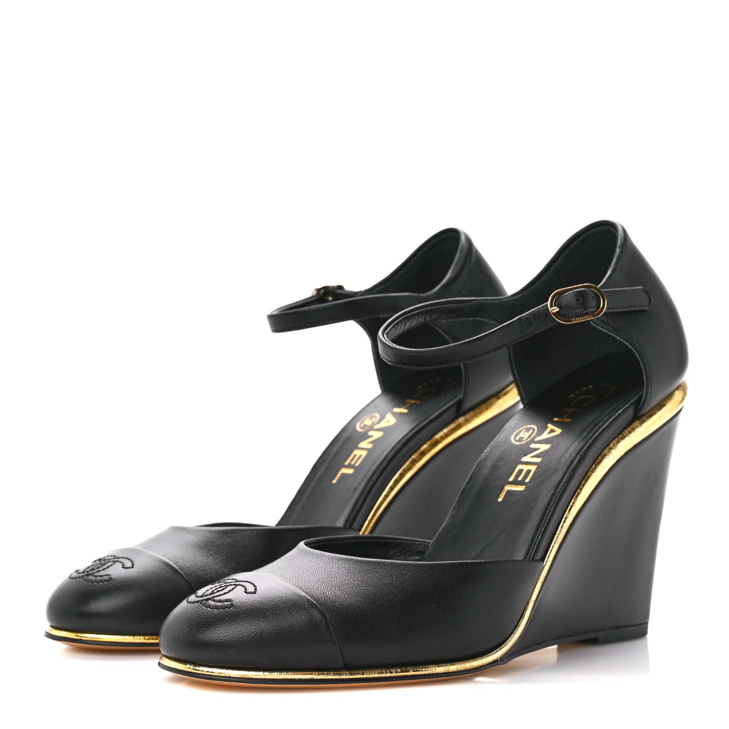 Chanel Lambskin Cap Toe Open Wedge 36 Black 3 of 8