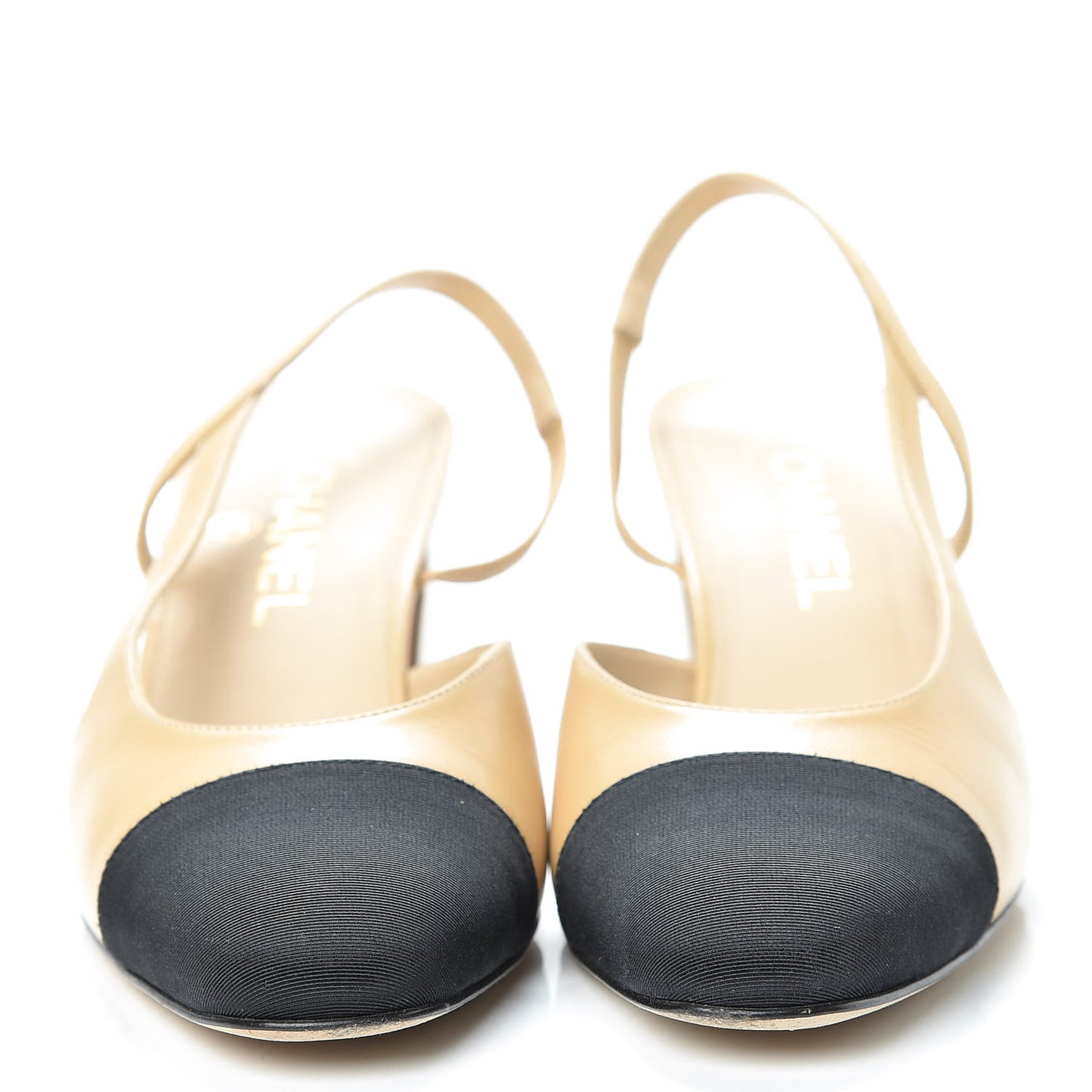 Goatskin Grosgrain Cap Toe CC Slingback Pumps 39.5 Beige Black
