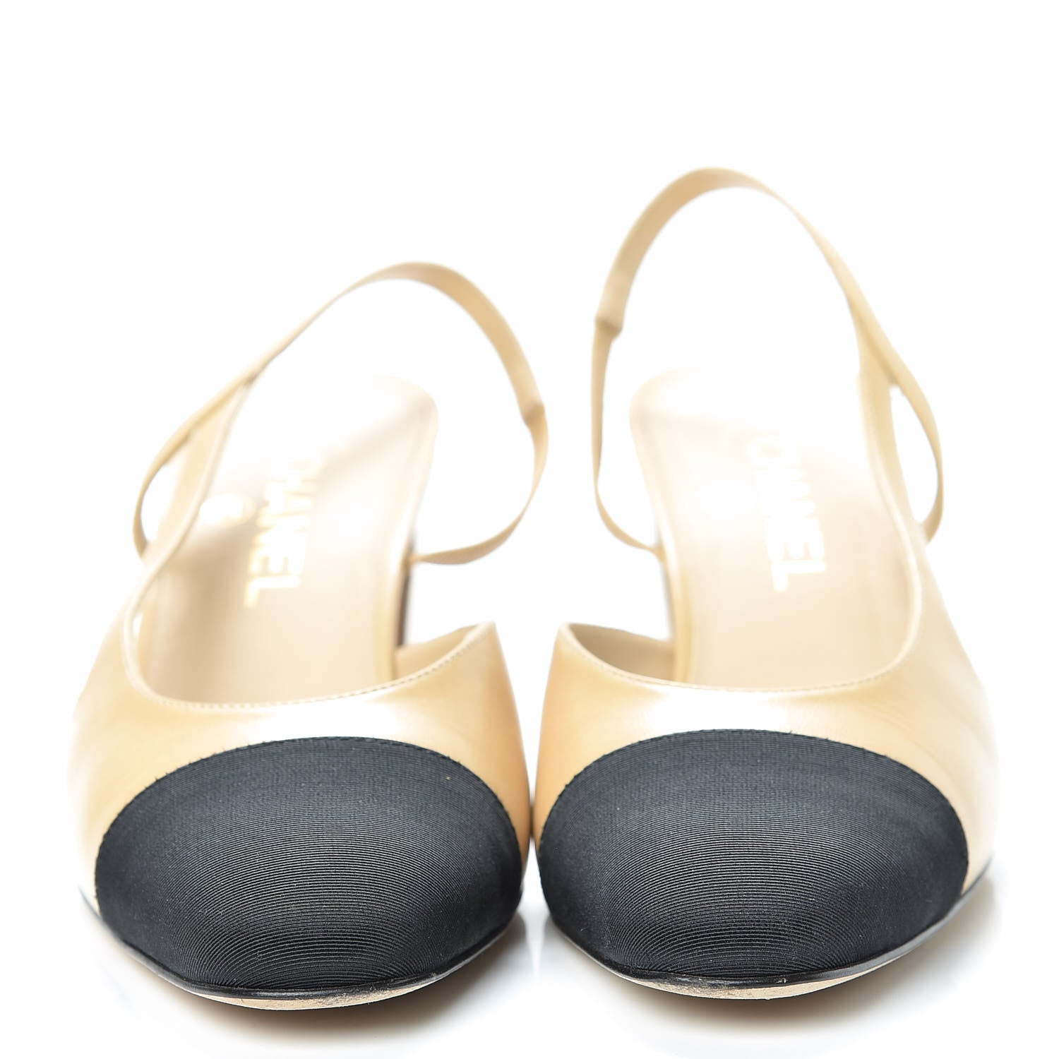 Chanel Goatskin Grosgrain Cap Toe CC Slingback Pumps 39.5 Beige Black 2 of 16