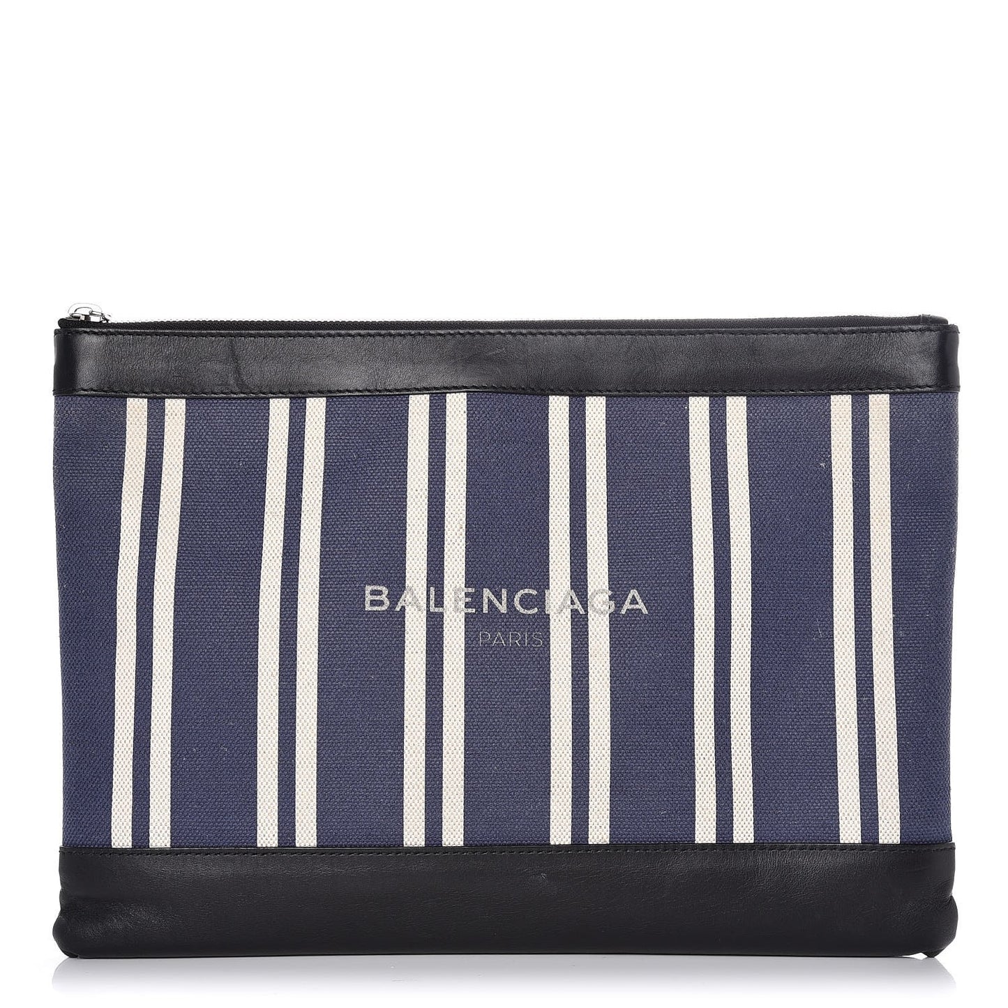 Calfskin Cotton Canvas Striped Logo Clutch Navy