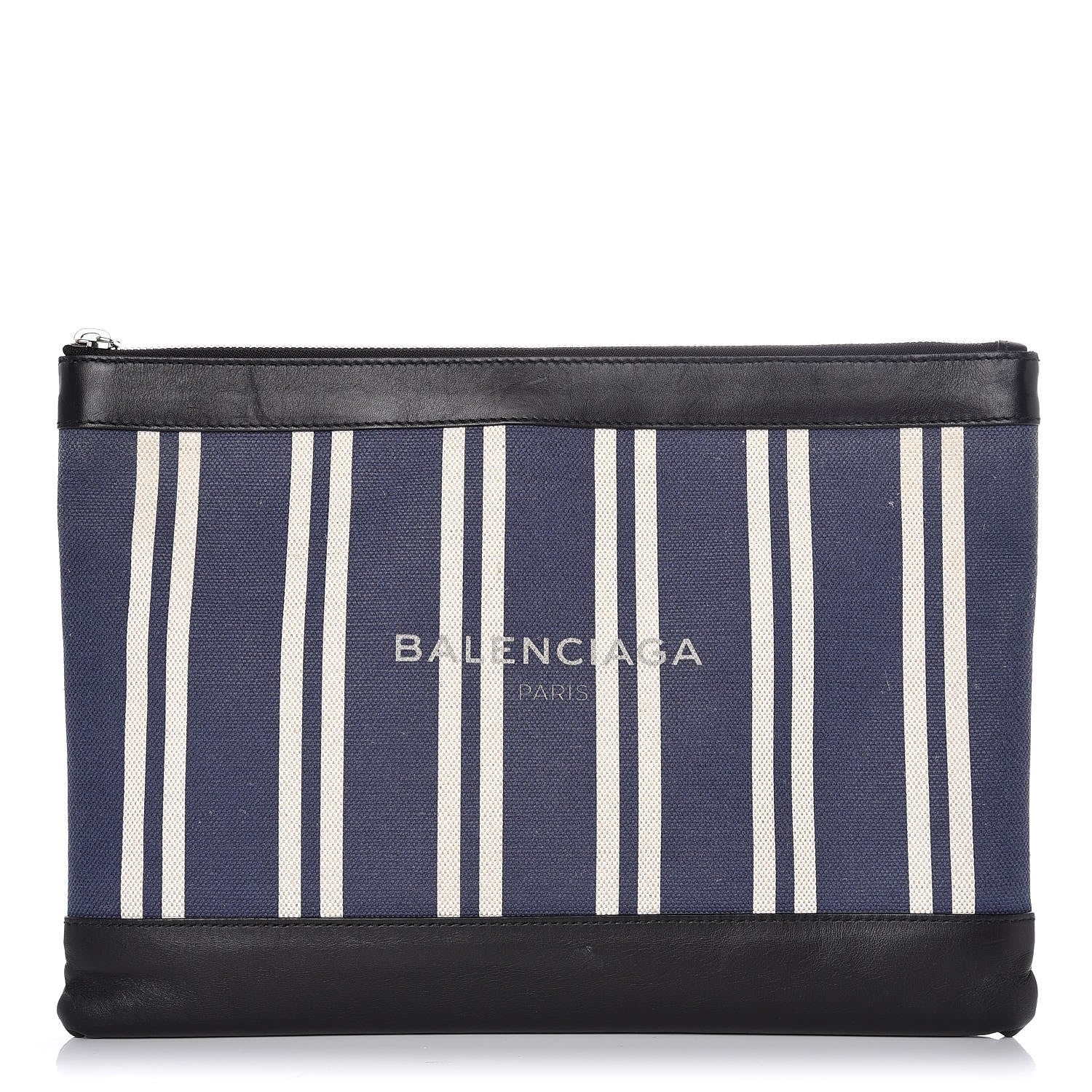 Balenciaga Calfskin Cotton Canvas Striped Logo Clutch Navy 1 of 10