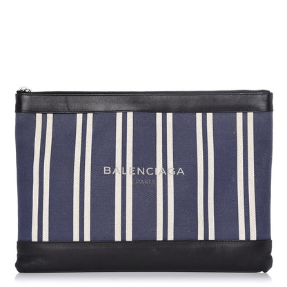 Balenciaga Calfskin Cotton Canvas Striped Logo Clutch Navy 1 of 10