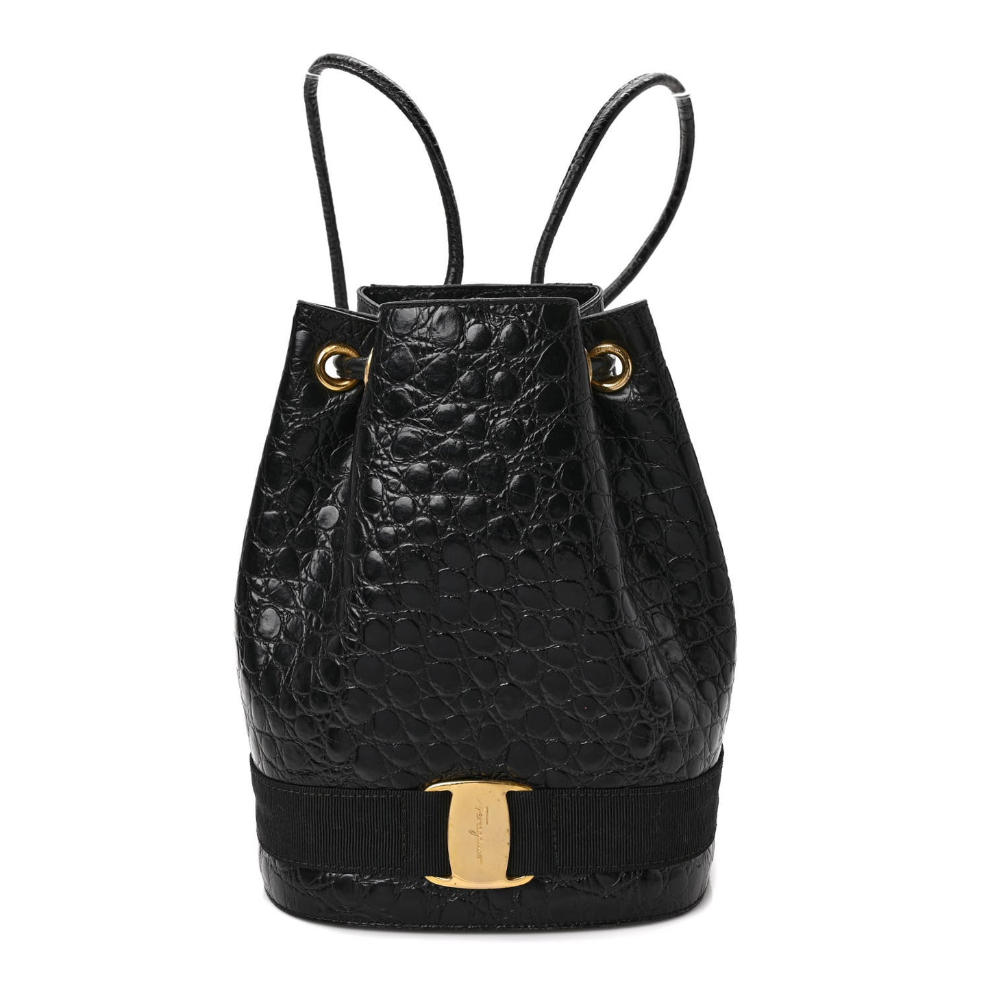 Calfskin Crocodile Embossed Vara Bow Bucket Bag Black