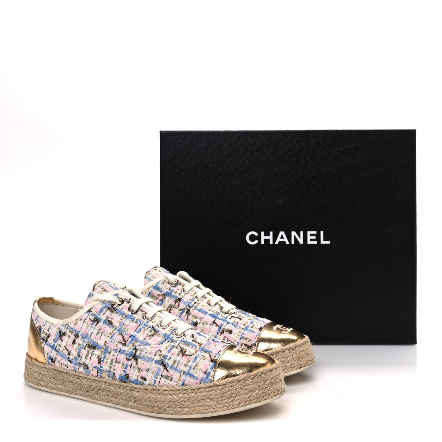 Tweed Laminated Lambskin Lace Up Espadrilles 39 Pink Blue Gold White