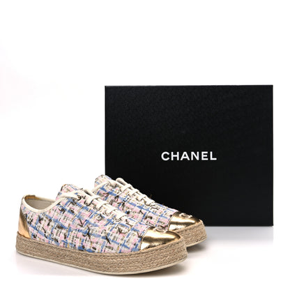Chanel Tweed Laminated Lambskin Lace Up Espadrilles 39 Pink Blue Gold White 11 of 11