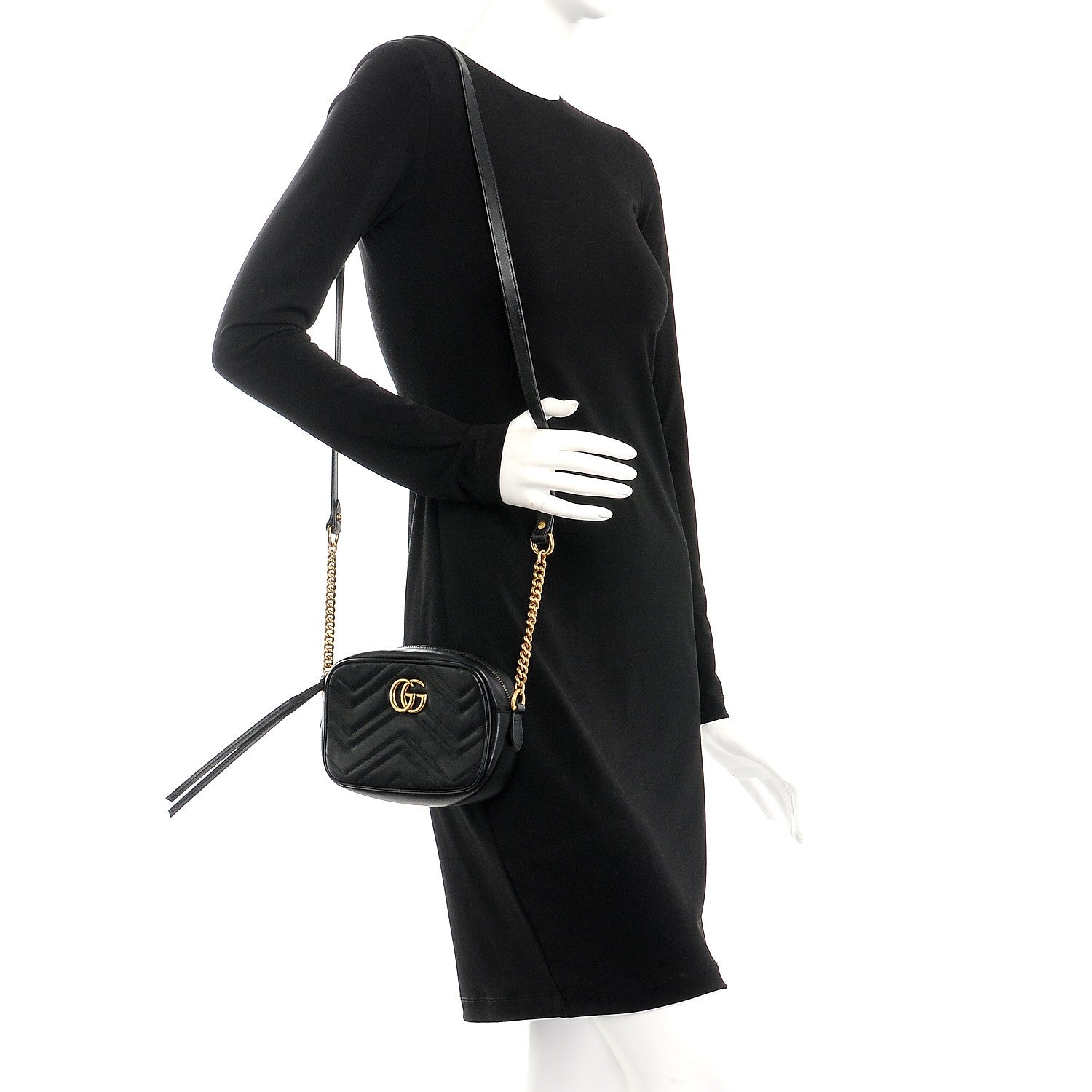 Gucci Calfskin Matelasse Mini GG Marmont Chain Shoulder Bag Black 2 of 8