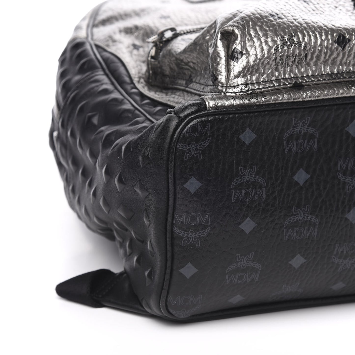 Metallic Visetos Calfskin Medium Studded Munich Lion Stark Backpack Silver Black