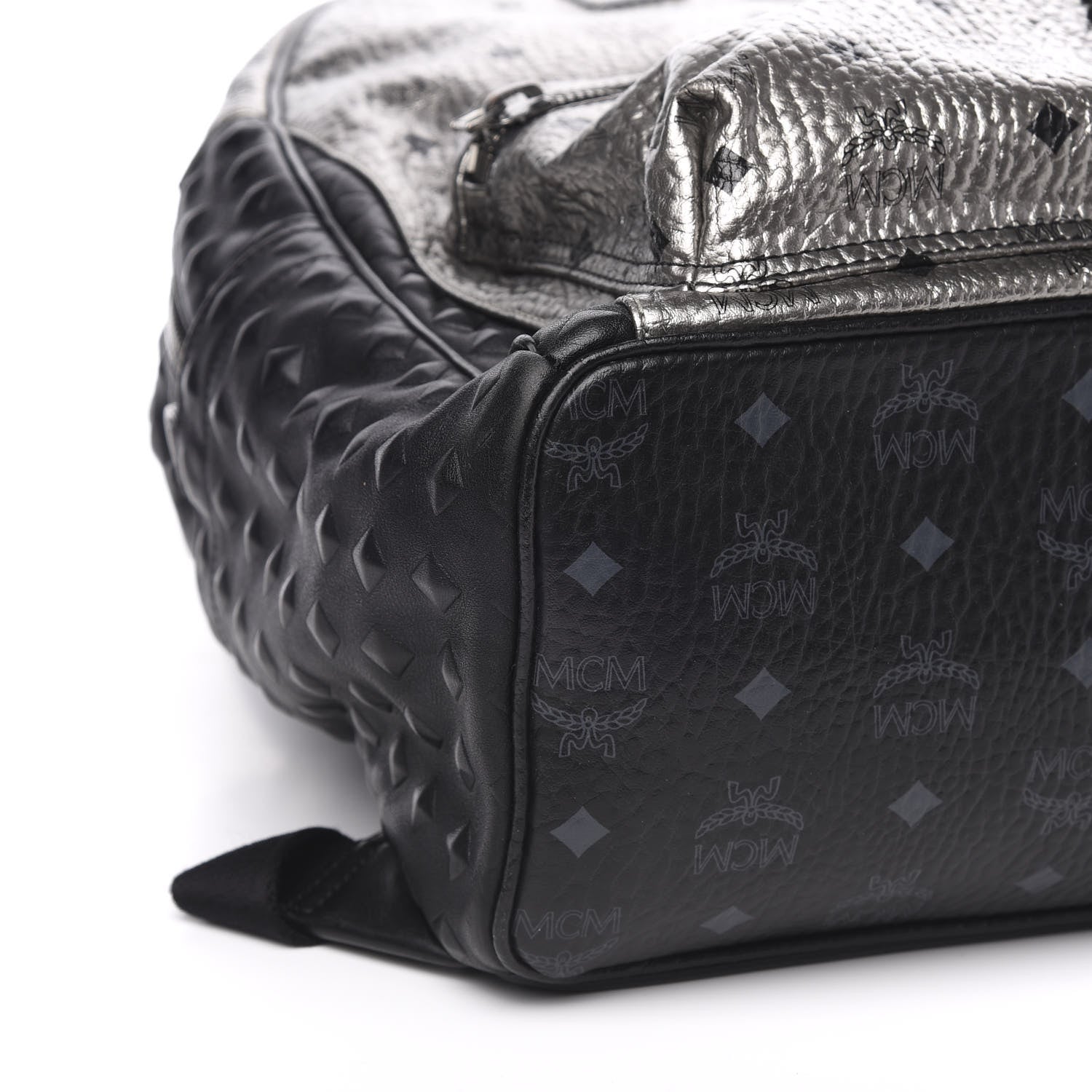 MCM Metallic Visetos Calfskin Medium Studded Munich Lion Stark Backpack Silver Black 7 of 9