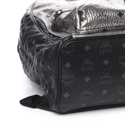 MCM Metallic Visetos Calfskin Medium Studded Munich Lion Stark Backpack Silver Black 7 of 9