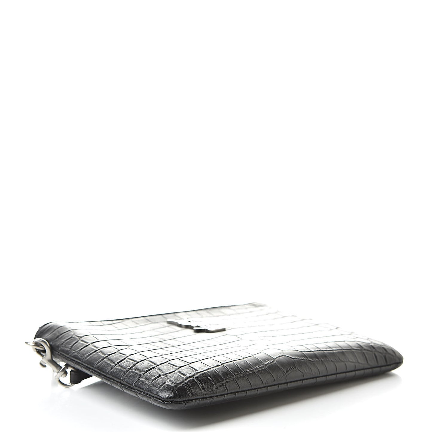 Calfskin Crocodile Embossed Monogram Zip Pouch Black