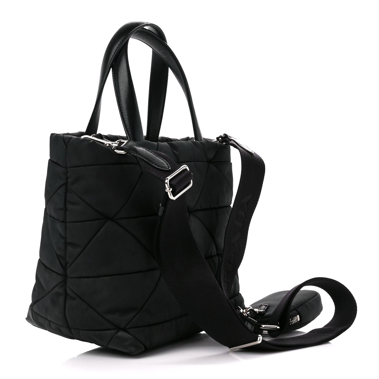 Re-Nylon Nappa Triangle Quilted Padded Double Handled Zip Pocket Tote Black
