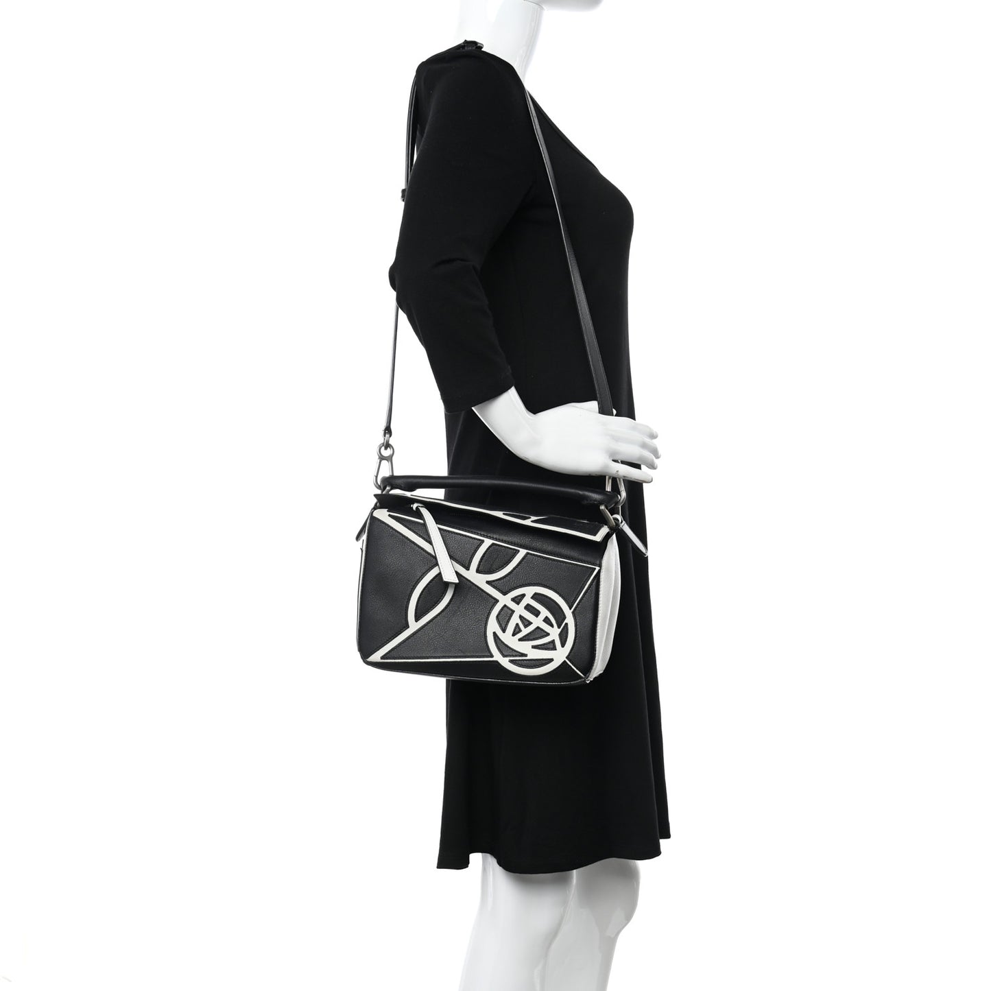 Calfskin Small Roses Puzzle Bag Black White