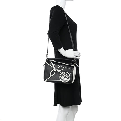 Loewe Calfskin Small Roses Puzzle Bag Black White 2 of 9