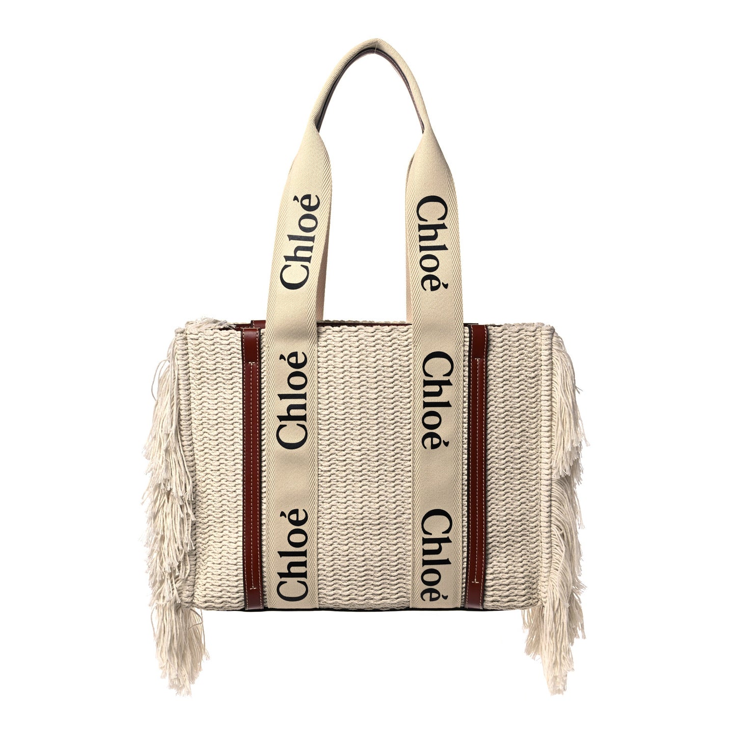 Cotton Calfskin Medium Woody Ribbon Fringe Tote Sepia Brown