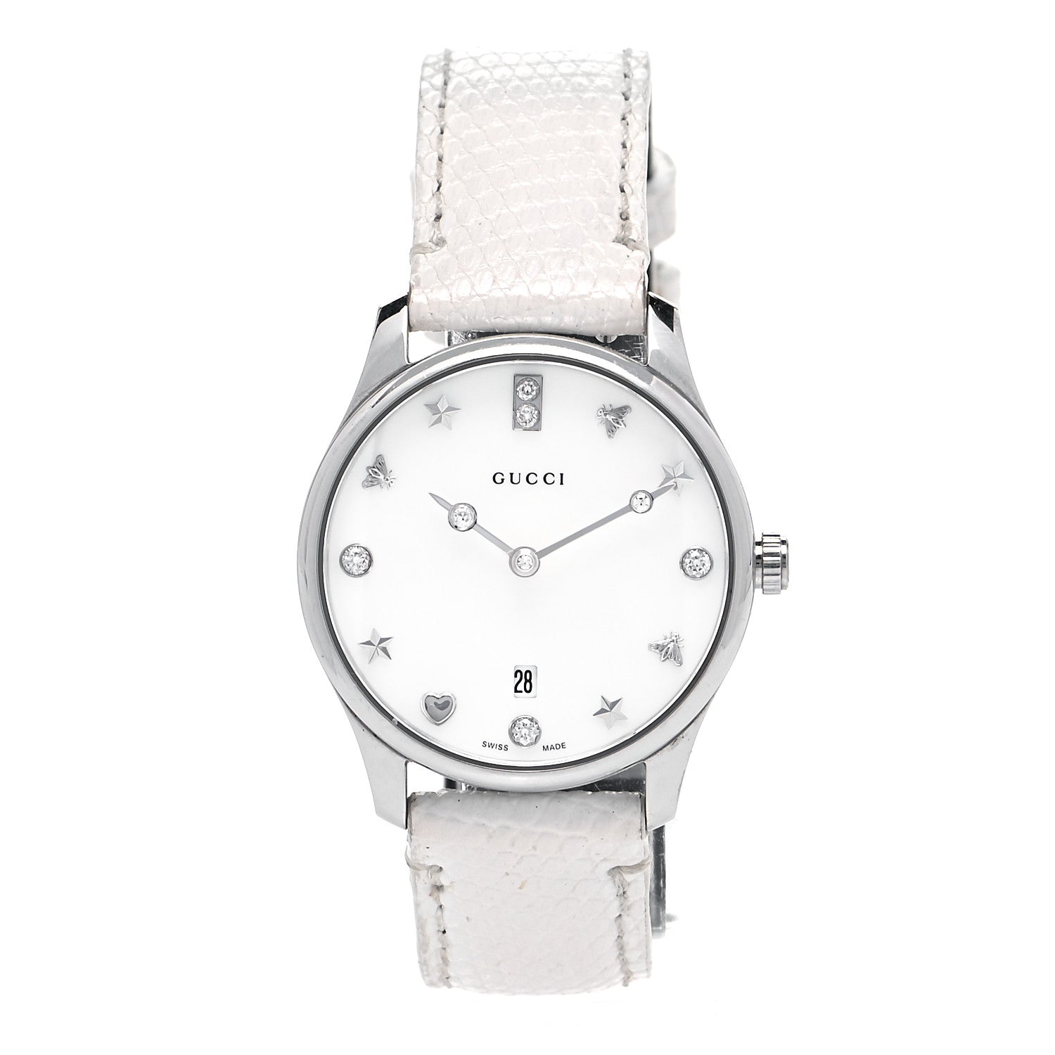 Gucci Stainless Steel Calfskin Diamond Mother of Pearl 29mm G-Timeless Charm Quartz Watch 1 of 6