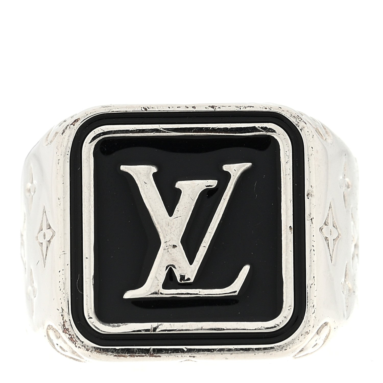 Louis Vuitton Lacquer Metal Signature Tab Ring M 60 9 Silver Black 1 of 4