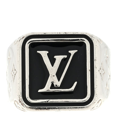 Louis Vuitton Lacquer Metal Signature Tab Ring M 60 9 Silver Black 1 of 4