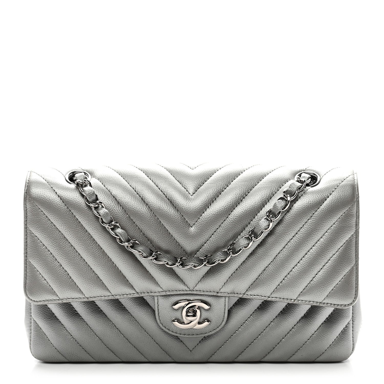 Chanel Metallic Caviar Chevron Quilted Medium Double Flap Silver 1 of 10