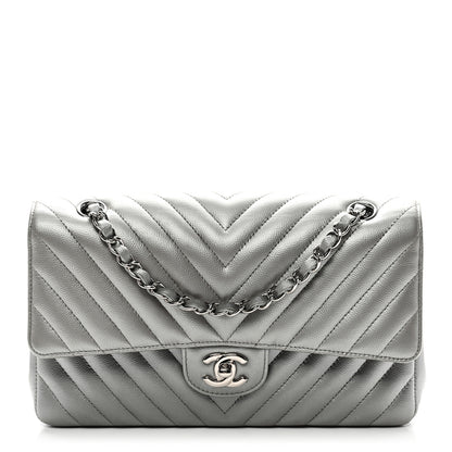 Chanel Metallic Caviar Chevron Quilted Medium Double Flap Silver 1 of 10