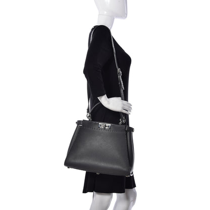 Fendi Cuoio Romano Selleria Bi-Color Medium Peekaboo Iconic Satchel Asfalto Latte 2 of 9