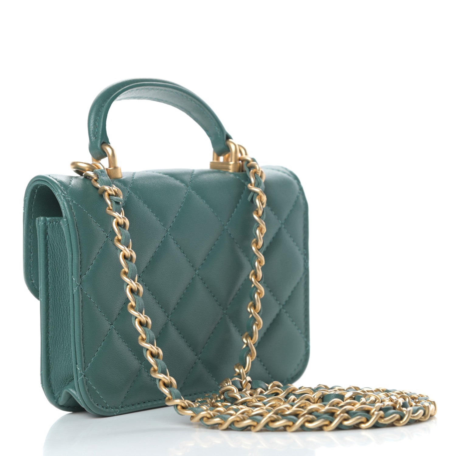 Chanel Lambskin Quilted Top Handle Flap Coin Purse With Chain Green 3 of 13
