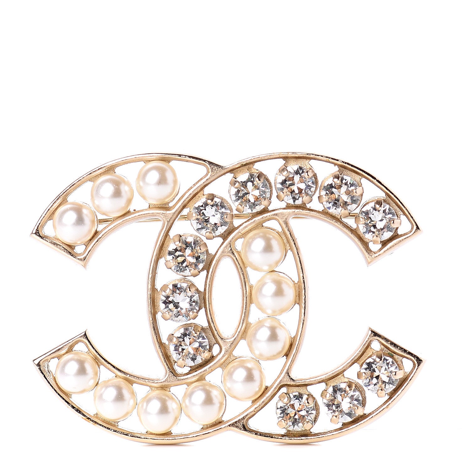 Chanel Pearl Crystal CC Brooch Gold Pearly White 1 of 4