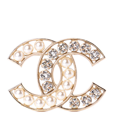 Chanel Pearl Crystal CC Brooch Gold Pearly White 1 of 4