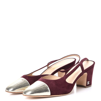 Chanel Kid Suede Metallic Lambskin Cap Toe CC Slingback Sandals 41 Burgundy Gold 3 of 9