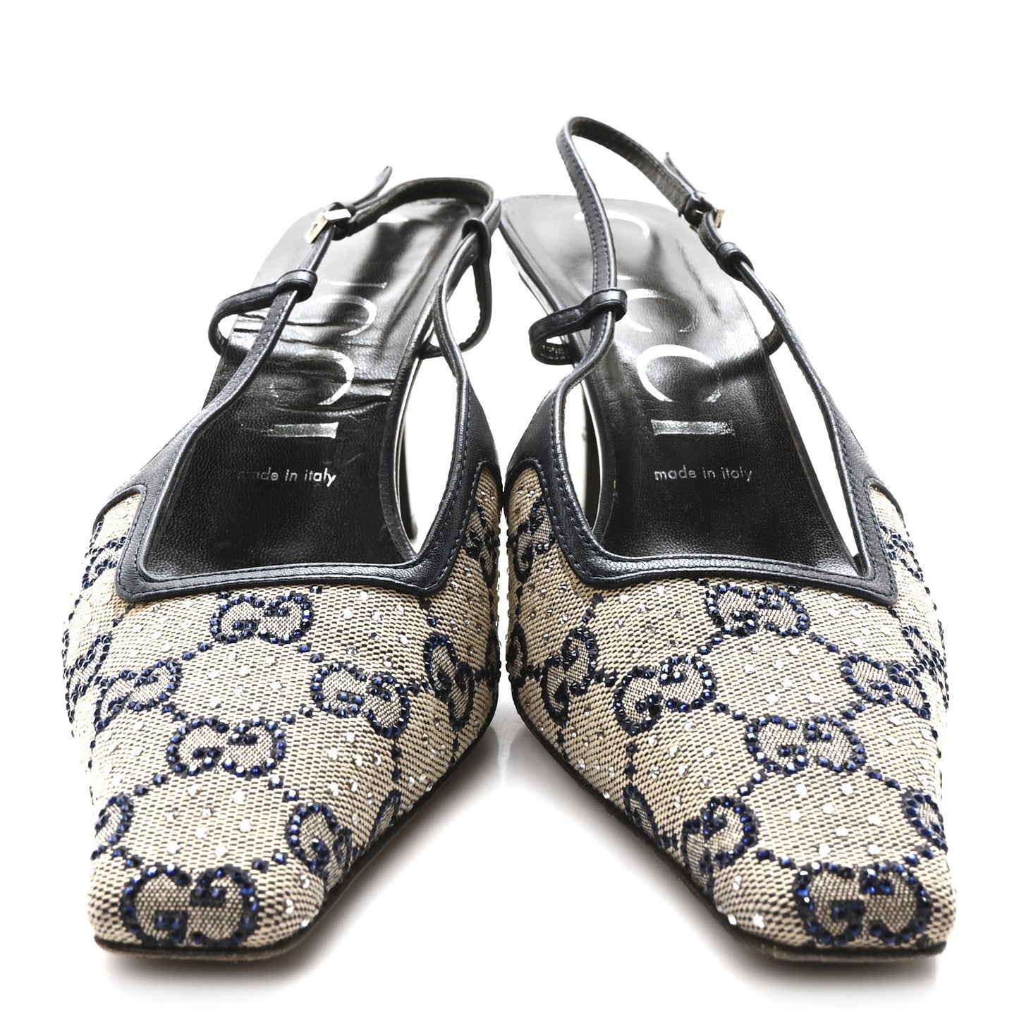 GG Monogram Malaga Kid Crystal Square G 75mm Slingback Pumps 39.5 Beige Blue