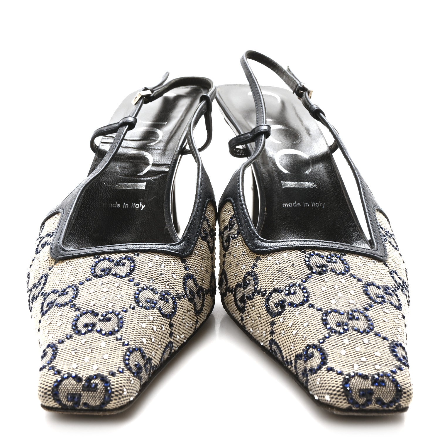 Gucci GG Monogram Malaga Kid Crystal Square G 75mm Slingback Pumps 39.5 Beige Blue 3 of 9