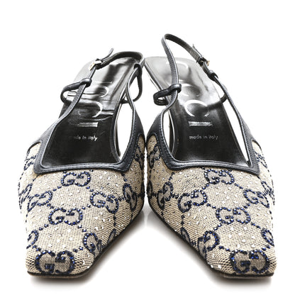 Gucci GG Monogram Malaga Kid Crystal Square G 75mm Slingback Pumps 39.5 Beige Blue 3 of 9