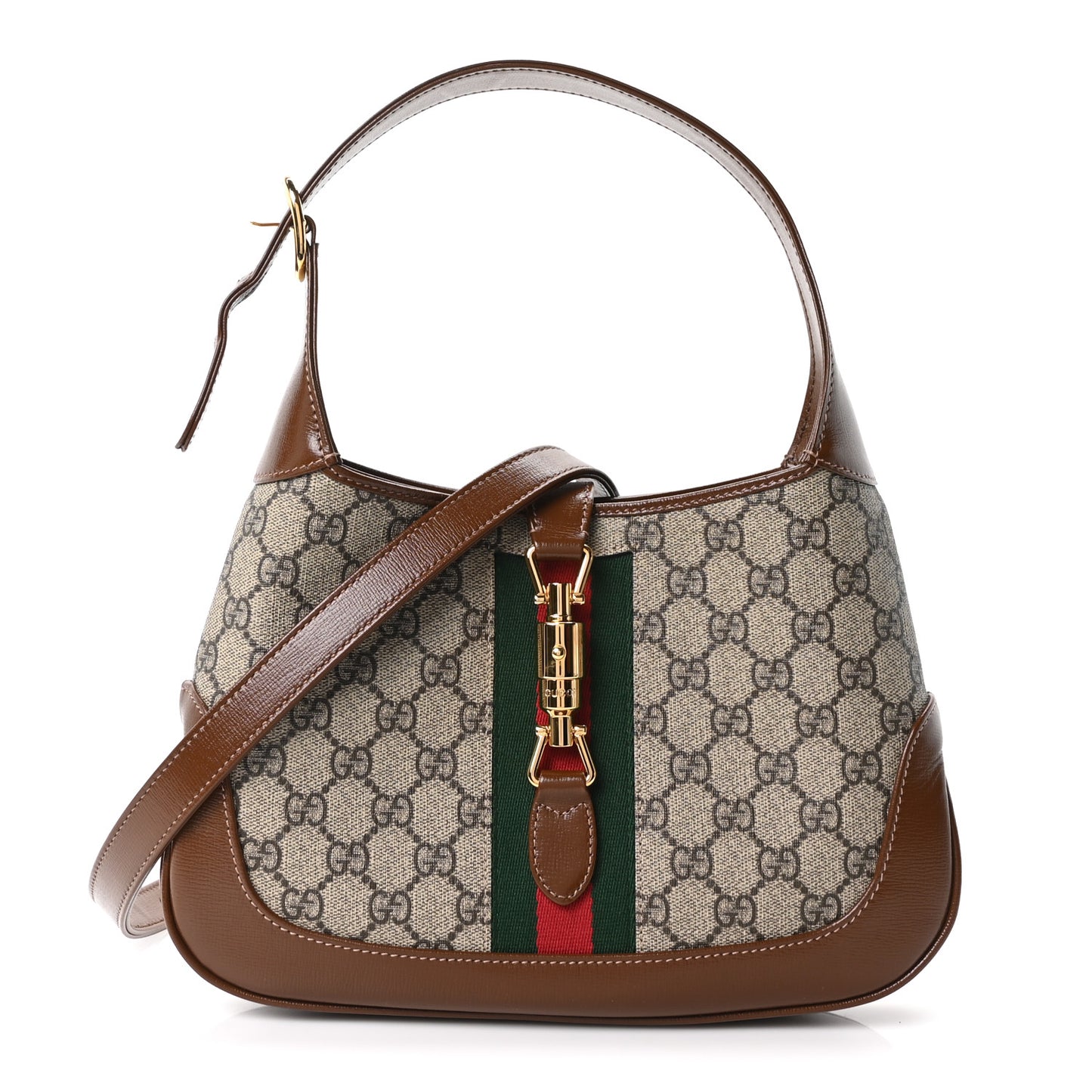 GG Supreme Monogram Azalea Calfskin Web Small Jackie 1961 Hobo Beige Ebony Brown Sugar