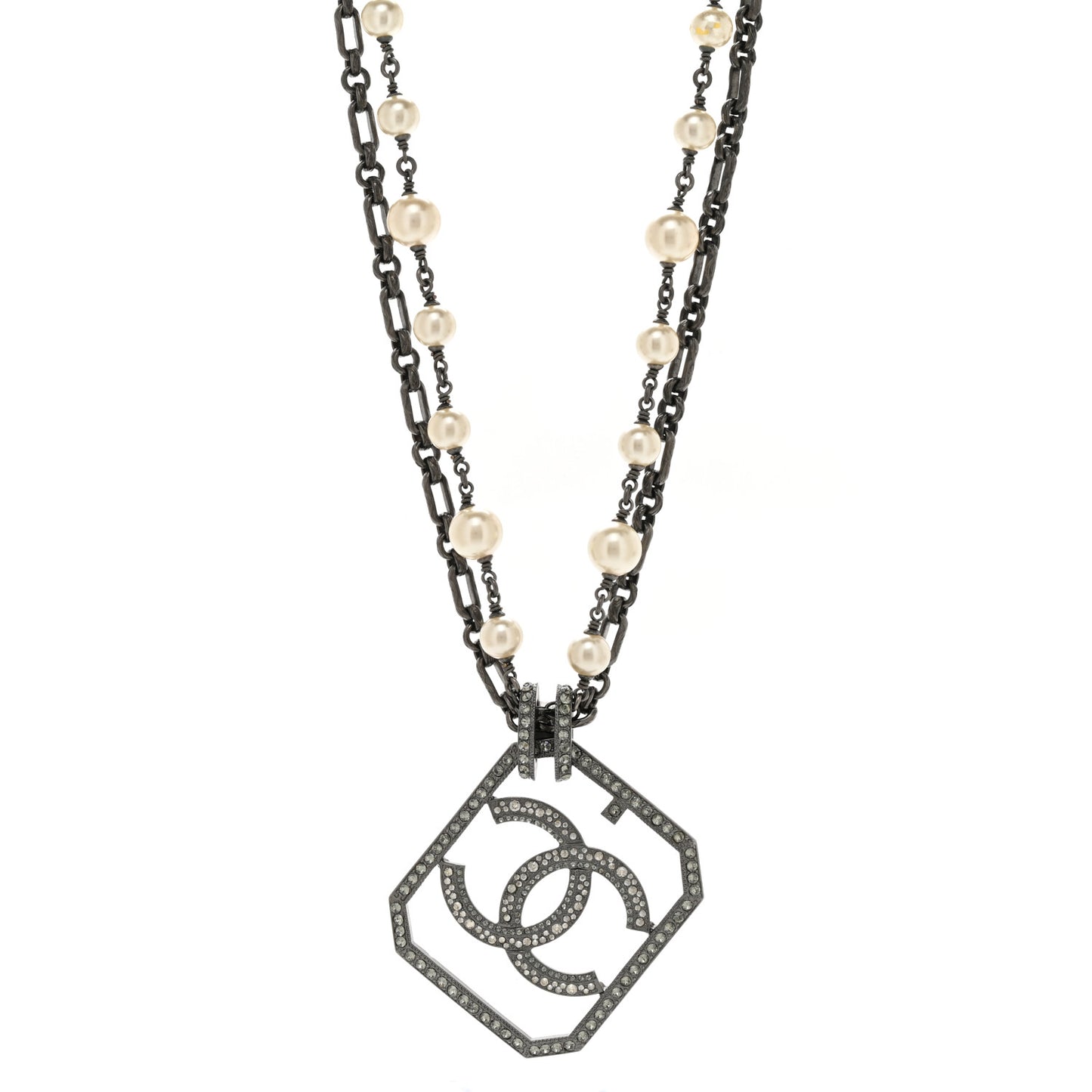 Pearl Crystal CC Double Strand Necklace Ruthenium