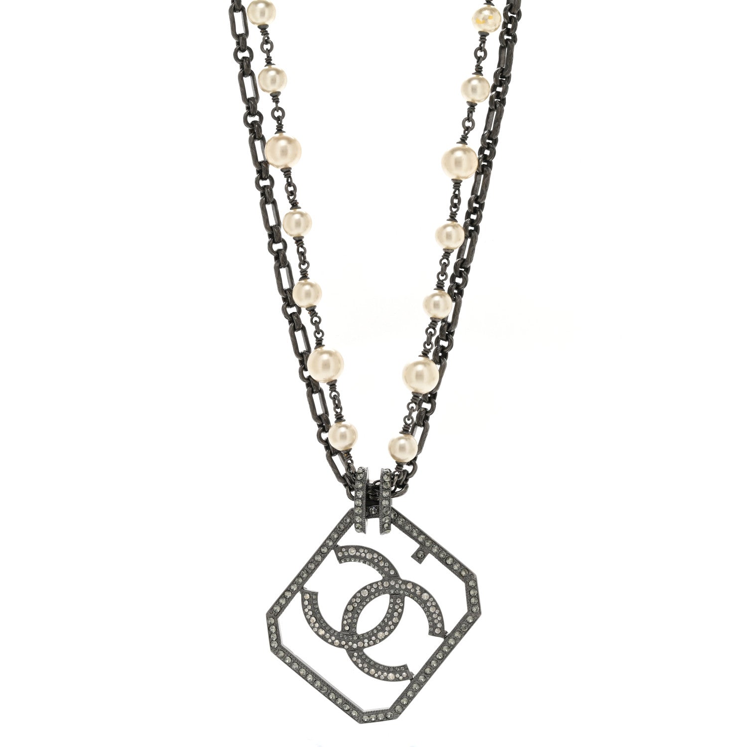 Chanel Pearl Crystal CC Double Strand Necklace Ruthenium 1 of 4