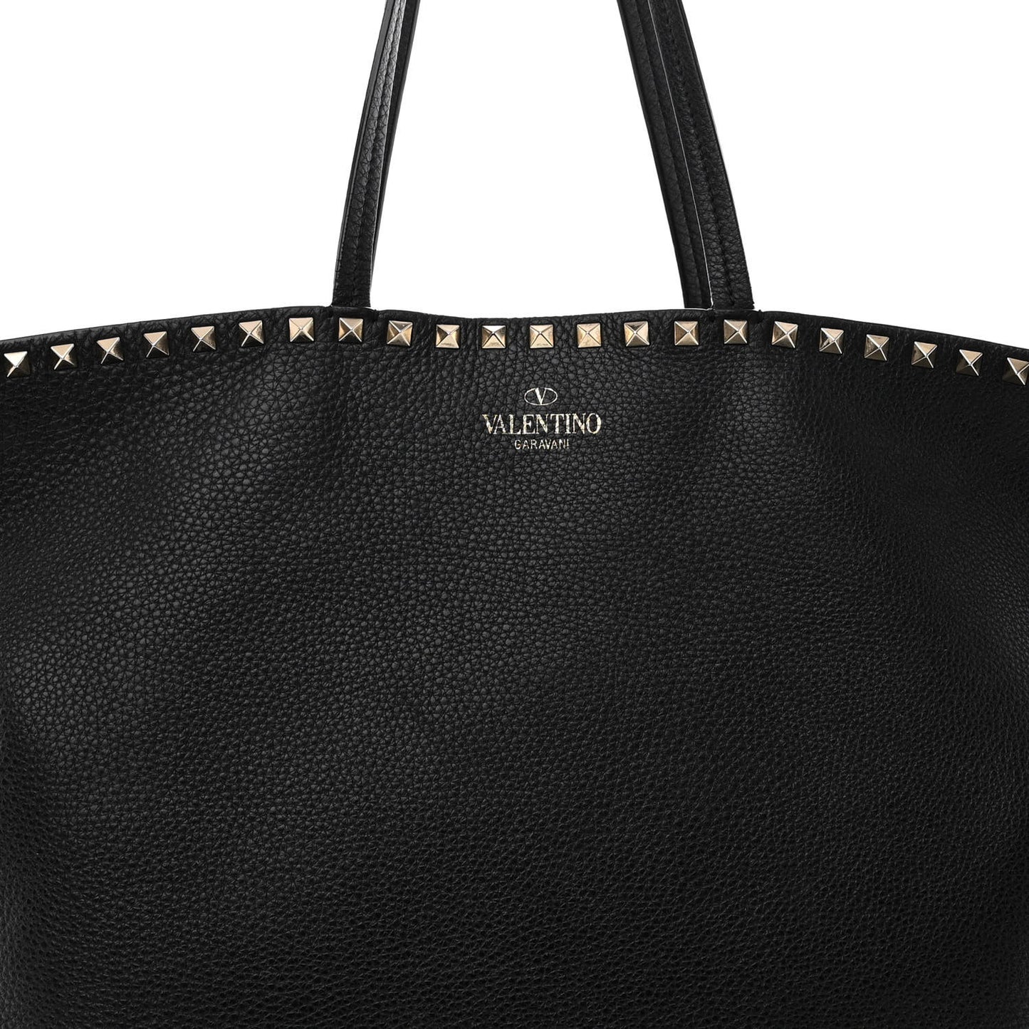Grained Calfskin Rockstud Shoulder Tote Black