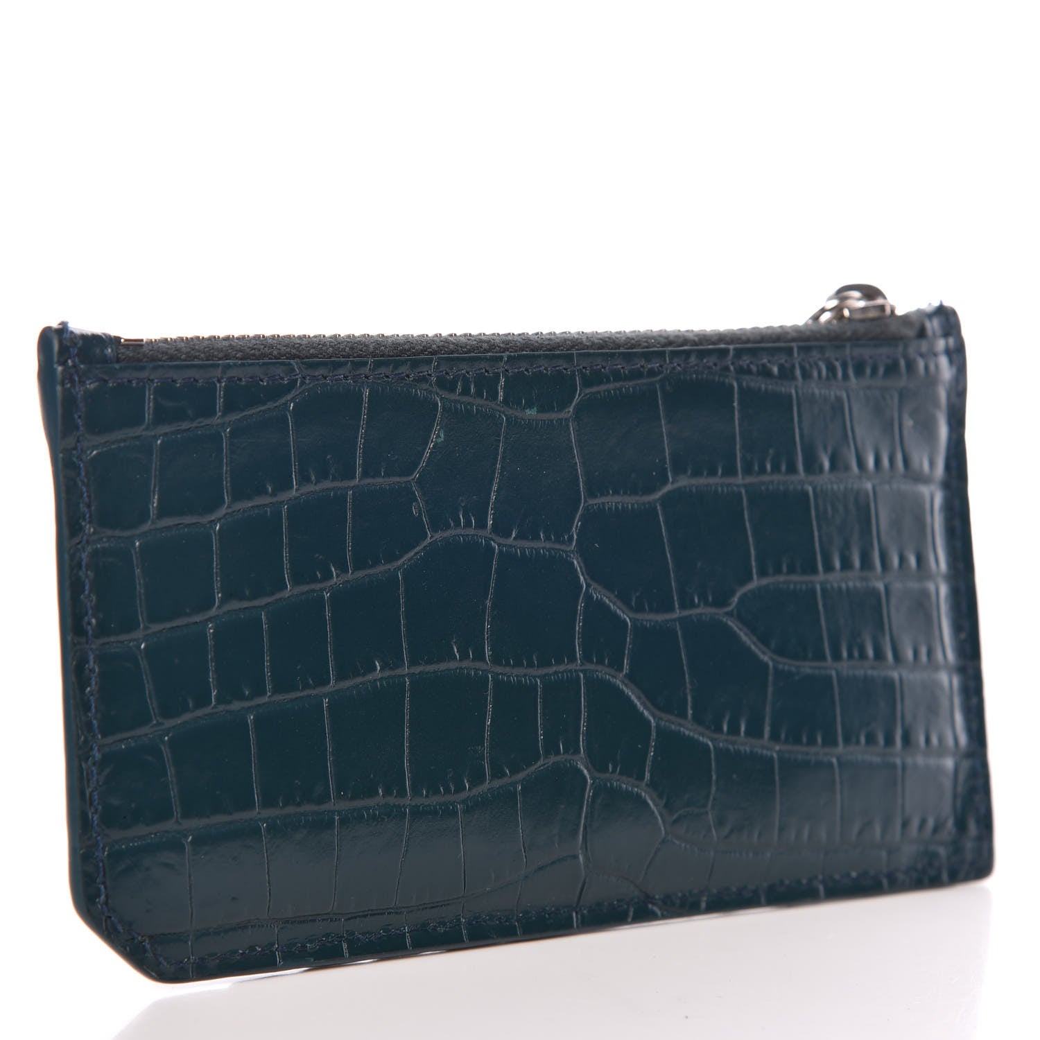 Saint Laurent Calfskin Crocodile Embossed 5 Fragments Zip Card Case Dark Green 3 of 7