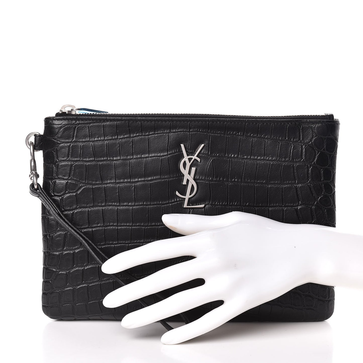 Calfskin Crocodile Embossed Monogram Zip Pouch Black