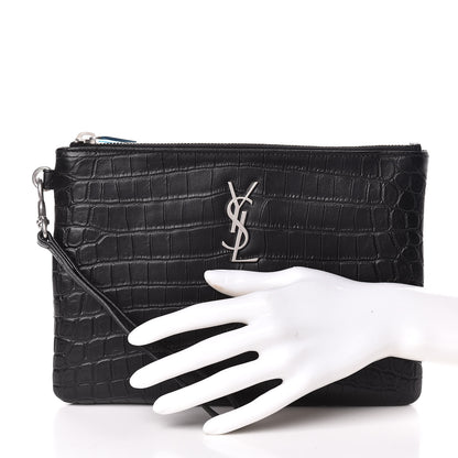 Saint Laurent Calfskin Crocodile Embossed Monogram Zip Pouch Black 2 of 8
