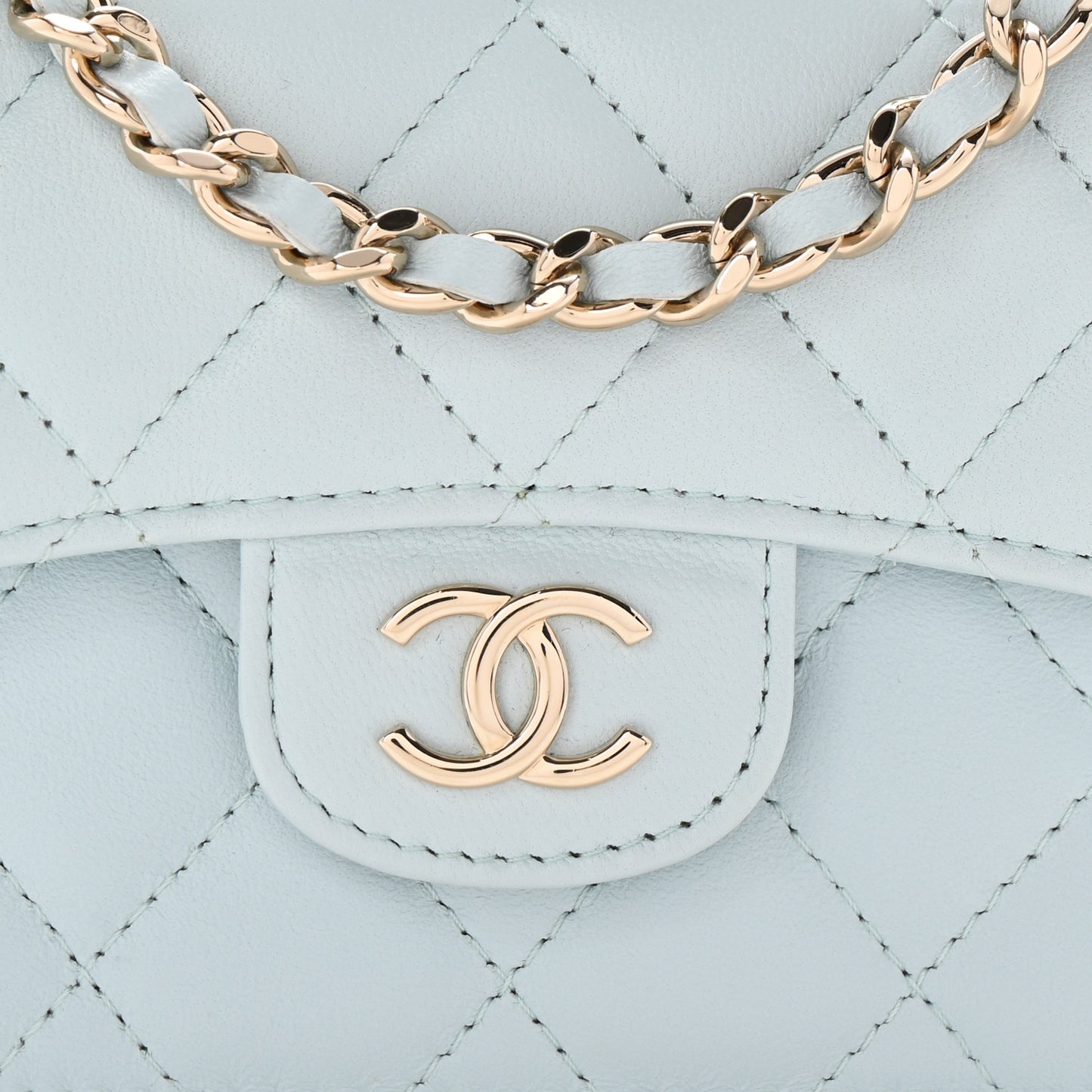 Lambskin Quilted Top Handle Flap Clutch With Chain Light Blue
