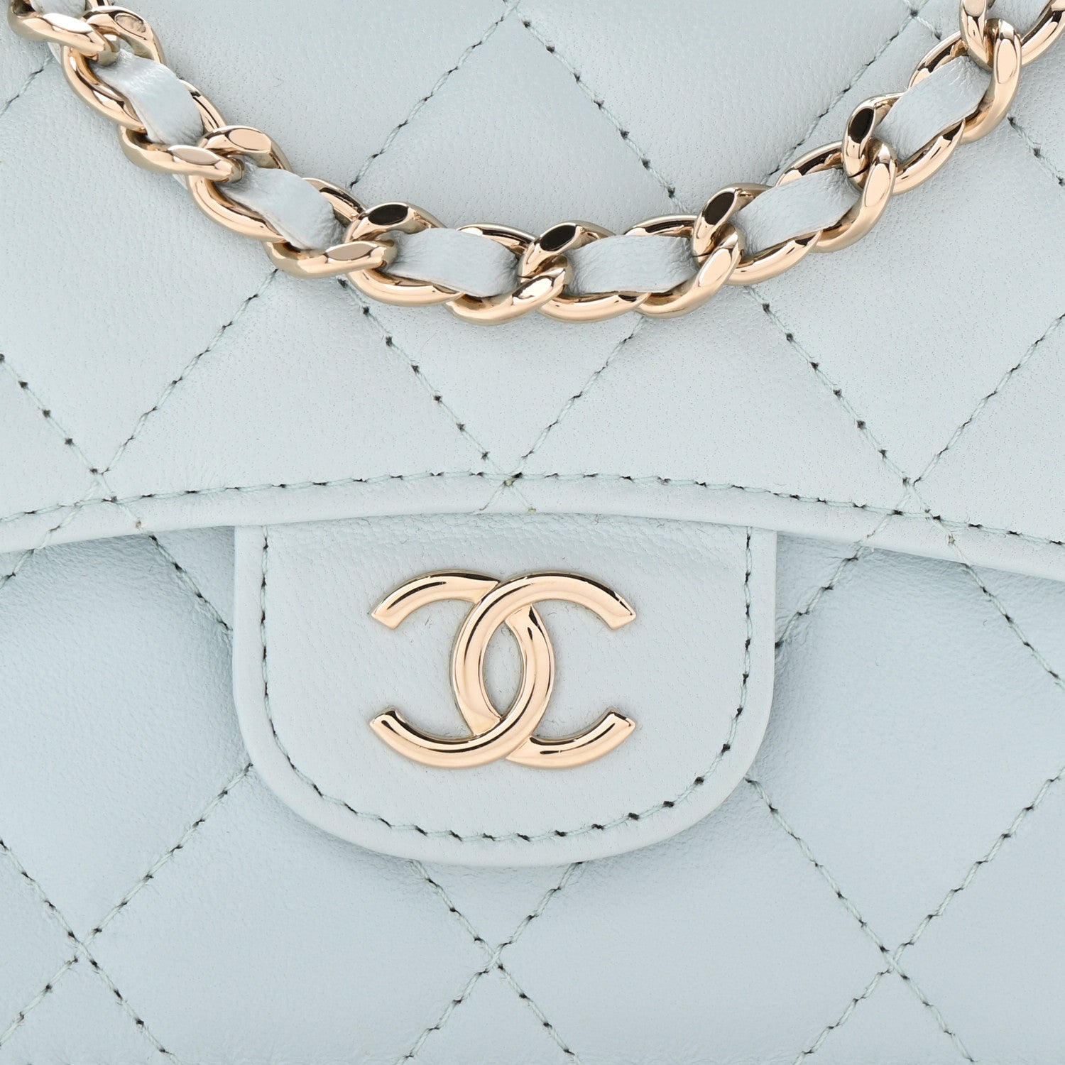 Chanel Lambskin Quilted Top Handle Flap Clutch With Chain Light Blue 9 of 12