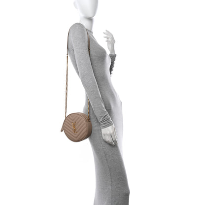 Saint Laurent Grain De Poudre Matelasse Chevron Quilted Round Vinyle Camera Bag Dark Beige 2 of 12