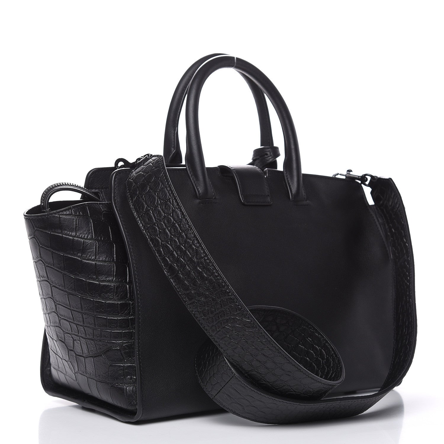 Saint Laurent Smooth Calfskin Crocodile Embossed Small Monogram Downtown Cabas Black 3 of 8