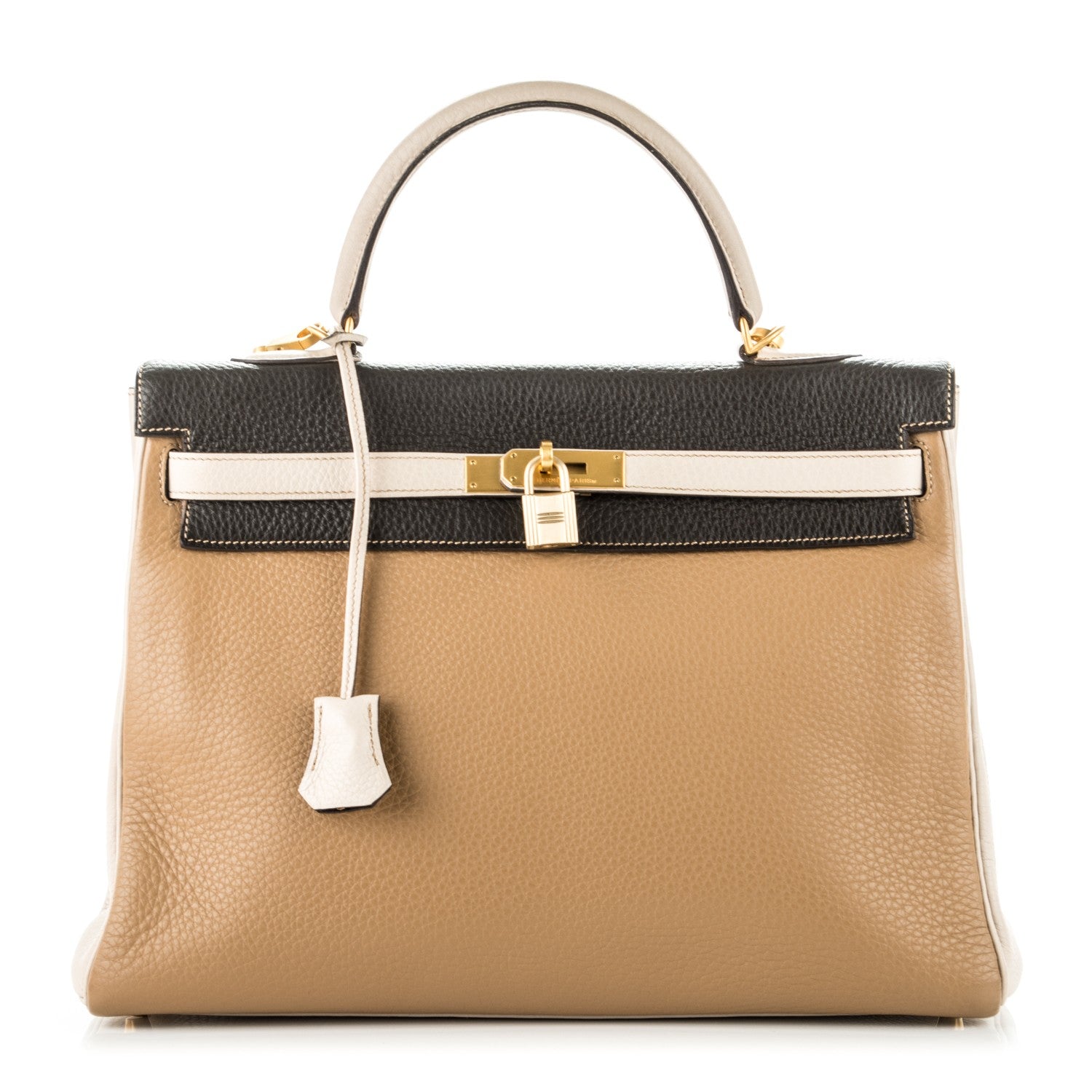Hermes Taurillon Clemence Tri-Color Kelly Retourne 35 Tabac Camel Ebene Parchemin 1 of 26